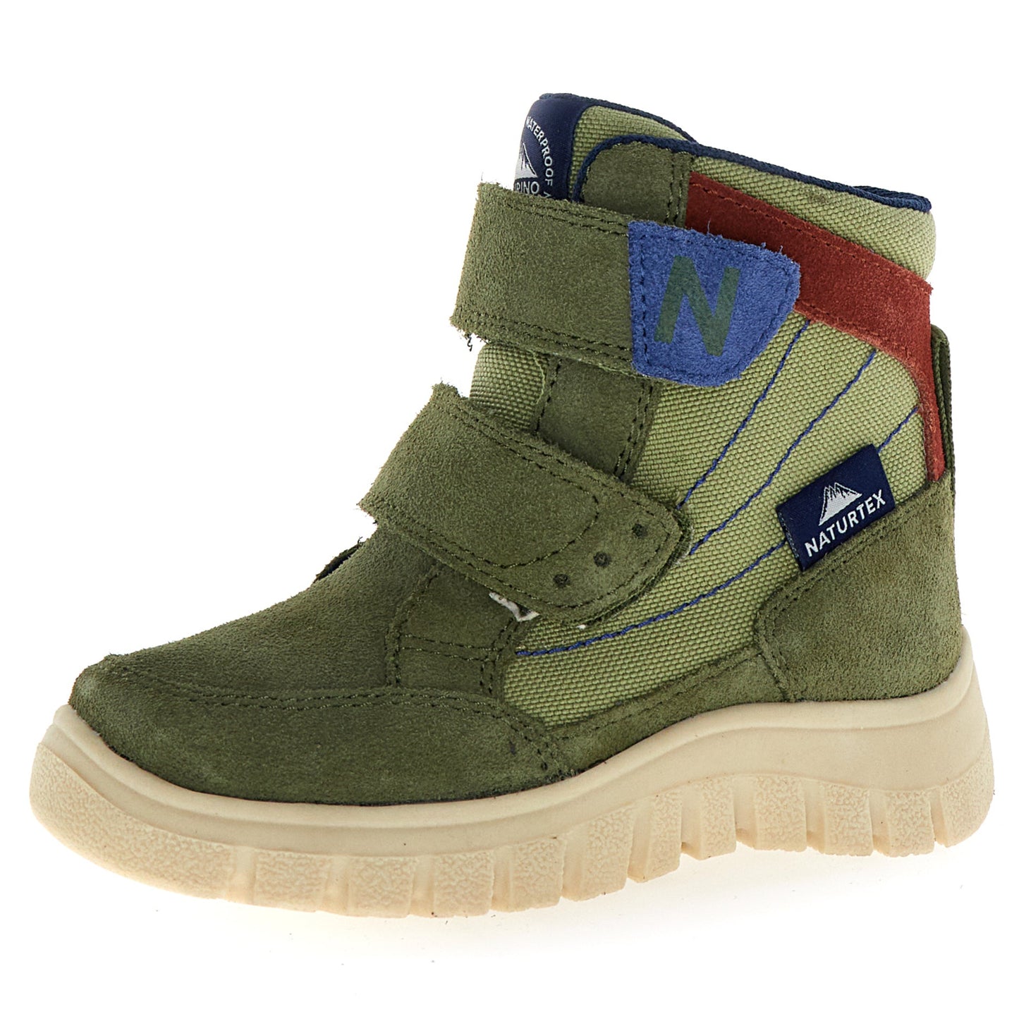 Lange Detailaufnahme des NATURINO NATURTEX RIVO Stiefels in oliv und bordeaux, zeigt die stabile Sohle und die hochwertige Verarbeitung
