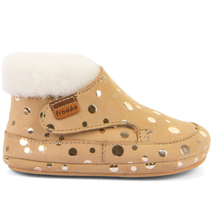 FRODDO PREWALKER G1160003-1 Sand / goldene Pünktchen auf kindlichen Lauflernschuhen mit goldenen Punkten