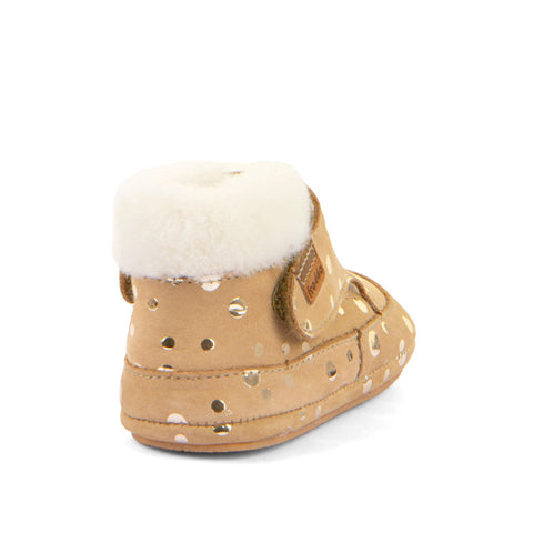 Nahaufnahme des FRODDO PREWALKER G1160003-1 Sand / goldene Pünktchen mit weichem Leder und goldenen Pünktchen-Details