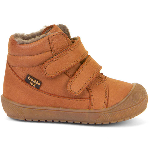 Robuster cognacfarbener Knöchelschuh für Jungen mit Klettverschluss und Nubukleder