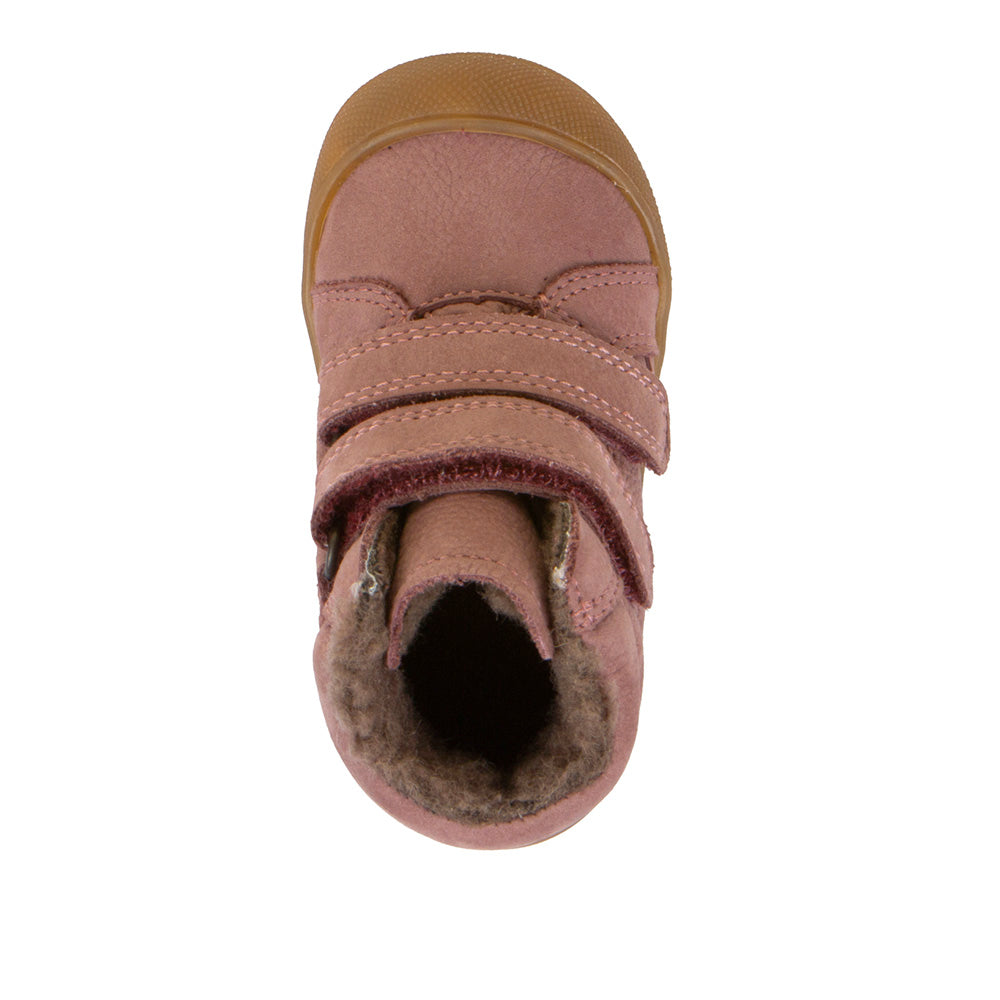 Gummierte Knöchelschuhe in altrosa aus Nubukleder mit Klettverschluss und Wollinnenfutter