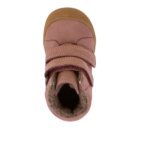 Gummierte Knöchelschuhe in altrosa aus Nubukleder mit Klettverschluss und Wollinnenfutter