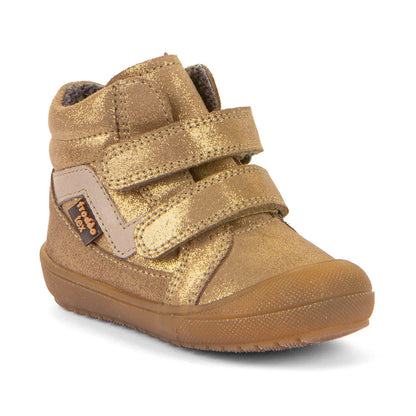 Moderner Kinderstiefel in beige, mit goldenen Highlights und glitzerndem Design, perfekt für festliche Anlässe