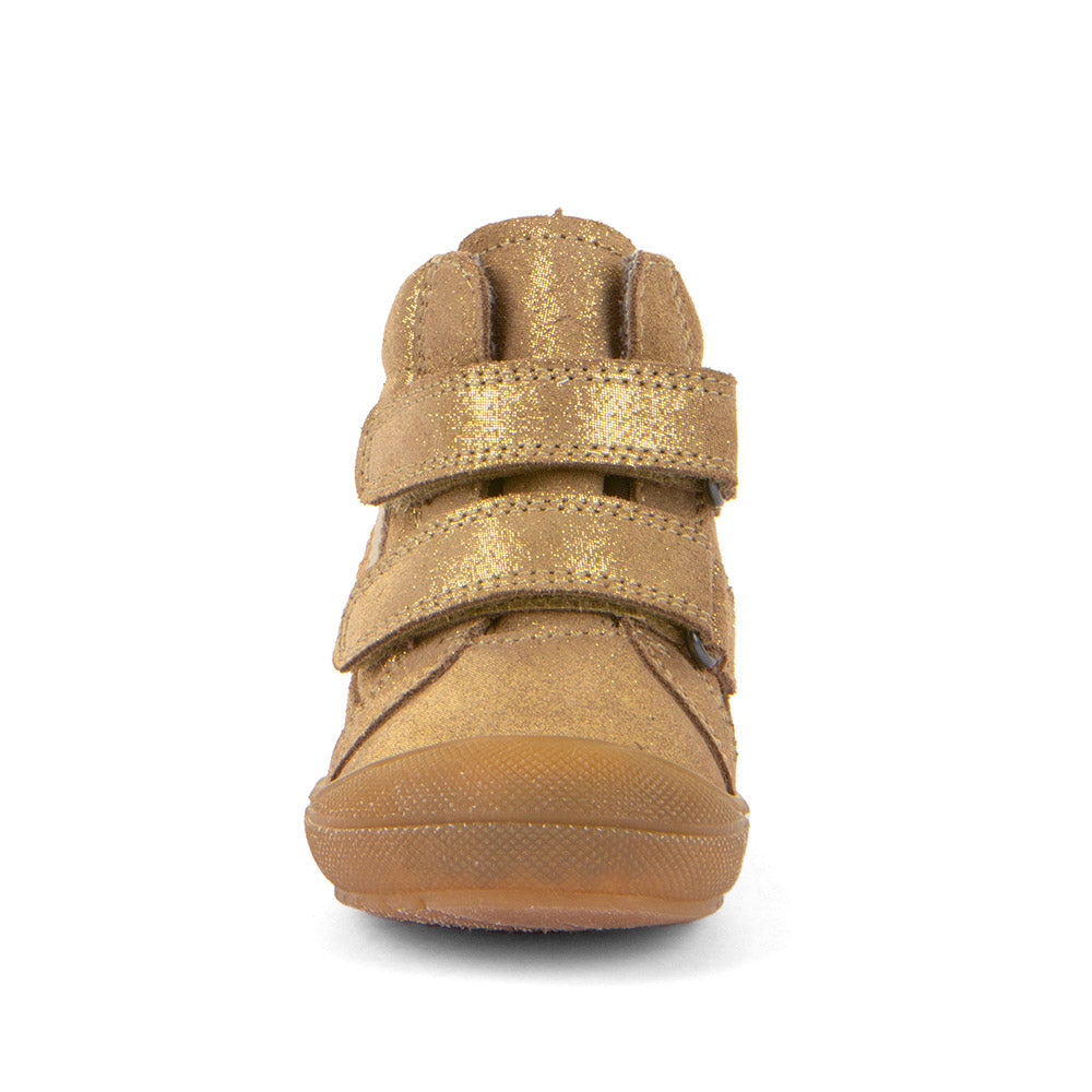 Beiger Knöchelschuh mit goldenen Akzenten und glitzerndem Obermaterial, ideal für modebewusste Kinder