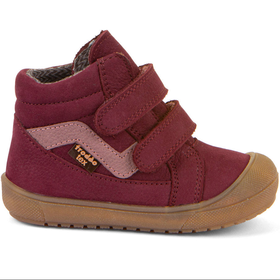 Elegant FRODDO TEX Knöchelschuh in bordeaux and altrosa featuring durable leather material, stylish design, and comfortable ankle coverage for boys and girls