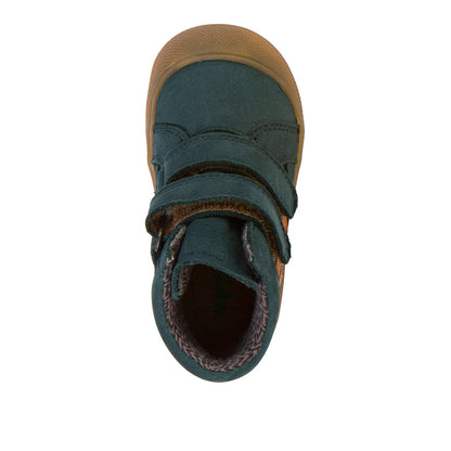 Seitenansicht des robusten Knöchelschuhs in petrol und braun, zeigt die praktische Schnürung und stabile Verarbeitung