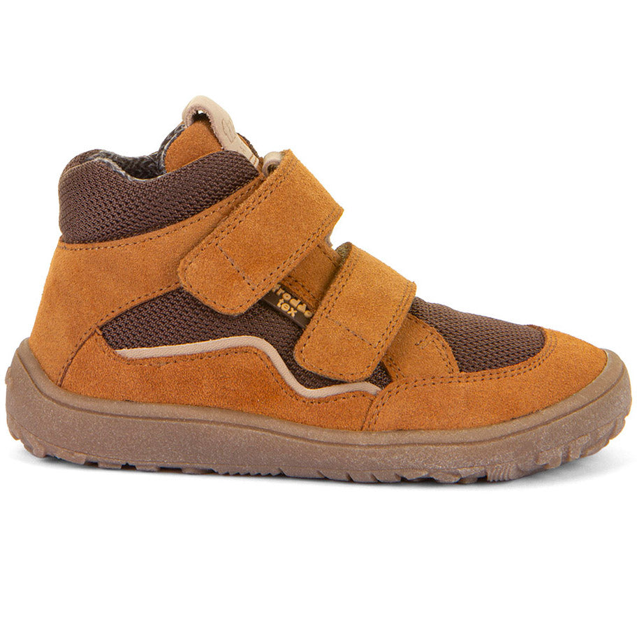 Hochwertiger cognacbrauner Barfuß-Knöchelschuh von FRODDO mit Veloursleder, Funktionstextil, wasserfester FRODDO-TEX-Membran, Klettverschluss, herausnehmbare Ledersohle und rutschfester Gummisohle