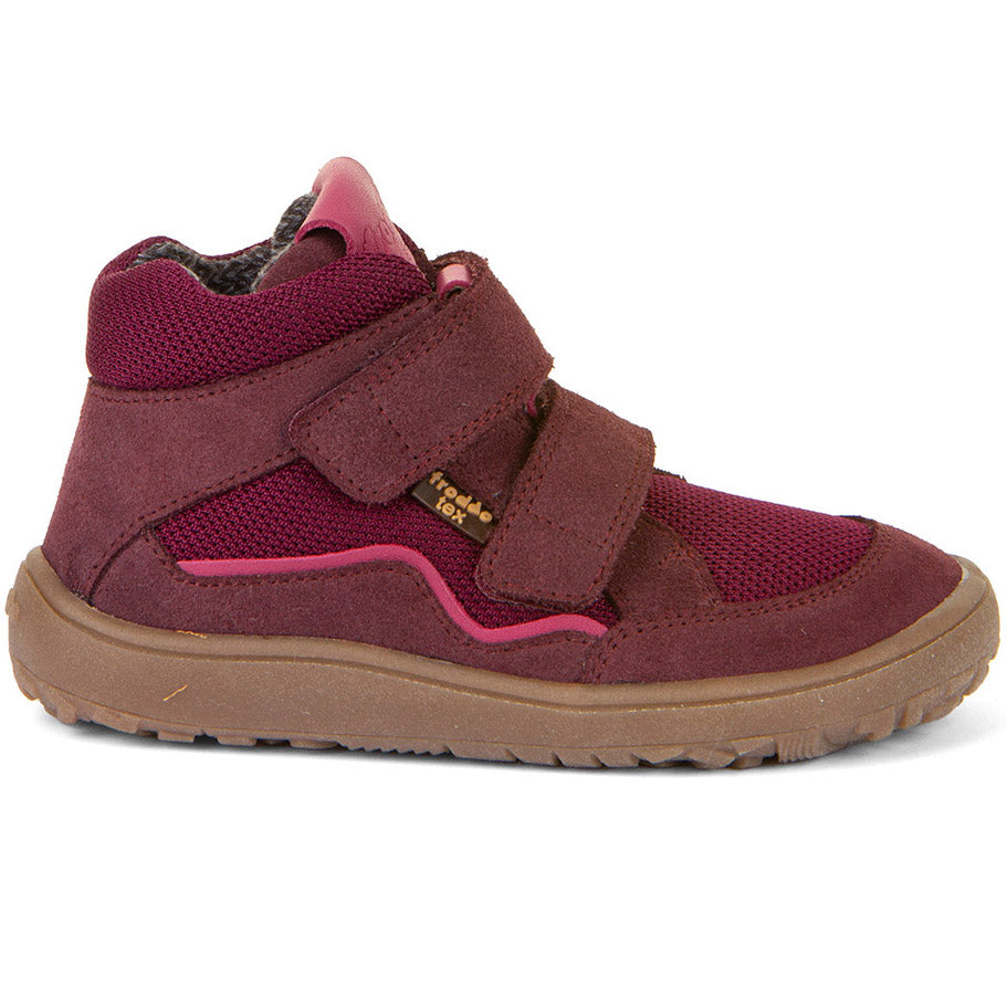 Bordeaux und Magenta FRODDO TEX Barfuß-Knöchelschuh G3110266-7 aus Veloursleder mit Klettverschluss, wasserdichtem FRODDO-TEX, herausnehmbarer Ledersohle und rutschfester Sohle