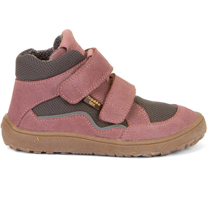 Weicher FRODDO TEX Barfuß-Knöchelschuh G3110266-17 in Altrosa und Grau, aus Veloursleder und Funktionstextil mit wasserdichter FRODDO-TEX Ausstattung, Innenfutter aus Fleece, Klettverschluss, herausnehmbare Ledersohle und rutschfeste leimgearbeitete Sohle