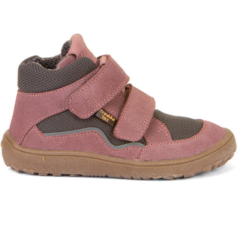 Weicher FRODDO TEX Barfuß-Knöchelschuh G3110266-17 in Altrosa und Grau, aus Veloursleder und Funktionstextil mit wasserdichter FRODDO-TEX Ausstattung, Innenfutter aus Fleece, Klettverschluss, herausnehmbare Ledersohle und rutschfeste leimgearbeitete Sohle