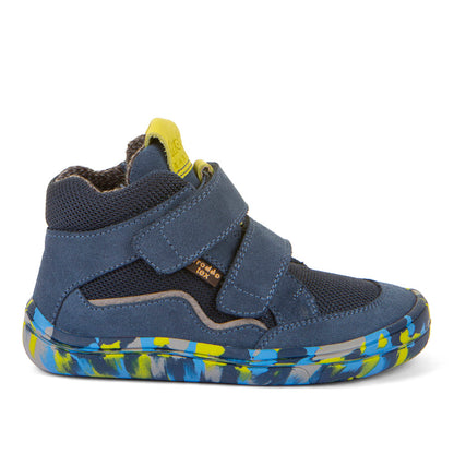 Kinderbarfußschuh von FRODDO in blau und grün mit Veloursleder und Funktionstextil