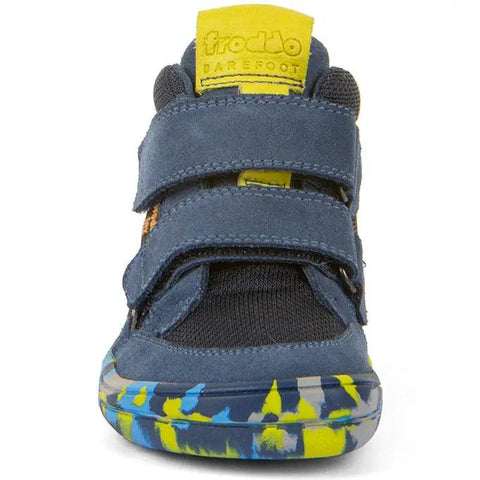 Vorderansicht eines FRODDO Barfuß-Knöchelschuhs G3110262 – blau/grün, Klettverschluss, bunte Sohle.
