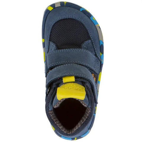 Ansicht von oben: FRODDO Barfuß Knöchelschuh in blau/grün, Klettverschluss, gelbes Logo-Patch, bunte Sohle.