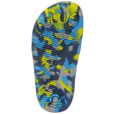 Unteransicht des FRODDO Barfuß Knöchelschuh G3110262 – blau/grün, bunter Sohlenmuster.