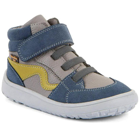 Seitenansicht der FRODDO Schuhe G3110265 in blau/grau mit gelbem Akzentstreifen und weißer Sohle.
