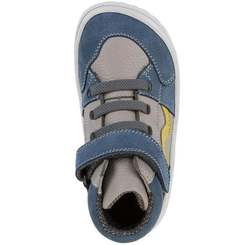 Ansicht von oben: FRODDO TEX Barfuß Knöchelschuh G3110265 in blau/grau mit Klettverschluss und Schnürung, weiße Sohle.