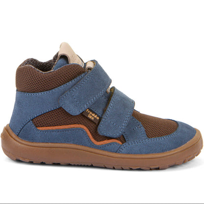 FRODDO TEX Barfuß Knöchelschuh in jeansblau und braun mit Klettverschluss