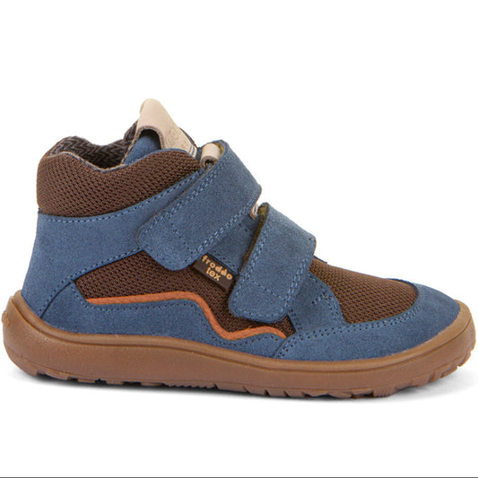 FRODDO TEX Barfuß Knöchelschuh in jeansblau und braun mit Klettverschluss