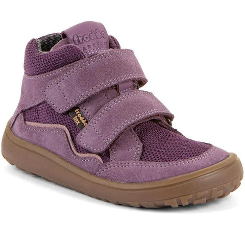 FRODDO TEX Barfuß-Knöchelschuh G3110266-35 in lila, Velcro-Verschluss, braune Sohle.