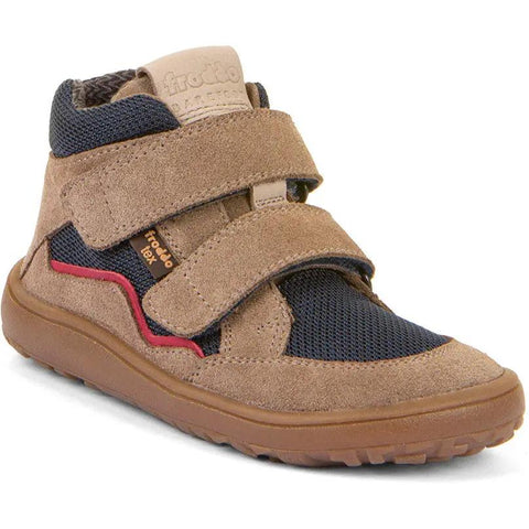 Vorderansicht des FRODDO Barfuß-Knöchelschuh G3110266-6 in sand/blau, Klettverschluss, braune Sohle.