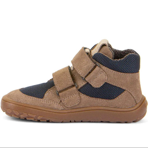 FRODDO TEX Barfuß Knöchelschuh G3110266-6; sandfarbenes Obermaterial mit navy Mesh, braune Laufsohle