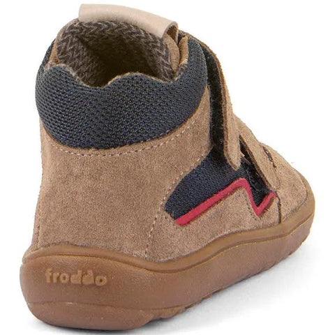 Seitenansicht des FRODDO TEX Barfußknöchelschuh G3110266-6 in Sand/Blau/Rot; Veloursleder, Klettverschluss
