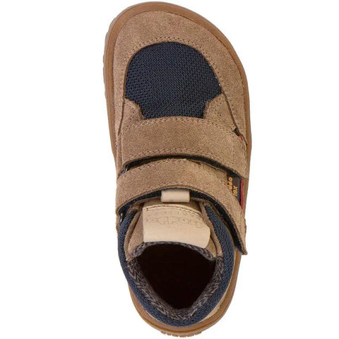 Schuhe FRODDO TEX Barfuß Knöchelschuh G3110266-6, Top-Ansicht; sandbraunes Obermaterial, navy Mesh, Klettverschluss.