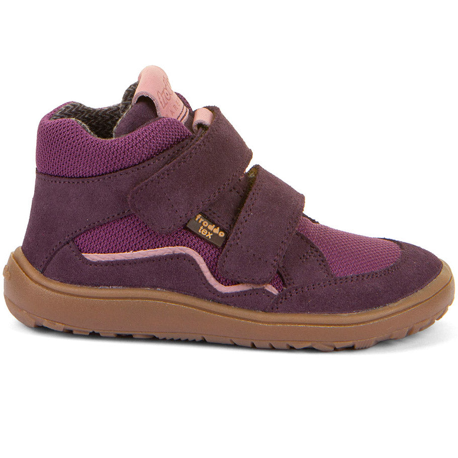 Lila und altrosa Barfuß-Knöchelschuh für Kinder, FRODDO TEX Modell G3110266-8, flexible und atmungsaktive Sohle, ideal für natürliche Bewegungsfreiheit