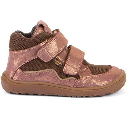 Länge und detailreiche Abbildung des FRODDO TEX Barfuß Knöchelschuh G3110266-9 in Rosegold und Braun mit weicher Sohle und atmungsaktivem Material für natürliche Bewegungsfreiheit