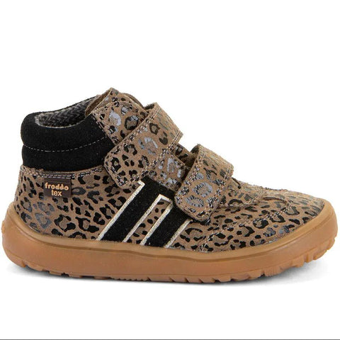 FRODDO TEX Barfuß-Knöchelschuh G3110285-9 Leopardenmuster, Velcro-Verschluss, braune Sohle