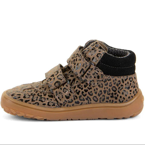 FRODDO TEX Barfuß-Knöchelschuh Leopardenmuster, Velcroverschluss, beige Gummisohle, schwarzer Kragen