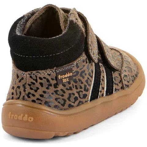Seitenansicht des FRODDO Schuhe Modell G3110285-9 im Leoprint mit Klettverschluss und brauner Sohle