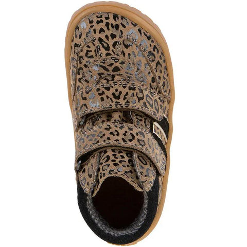 Ansicht von oben: FRODDO TEX Barfußknöchelschuh Leopardendruck, zwei Klettverschlüsse, helle Gummisohle.