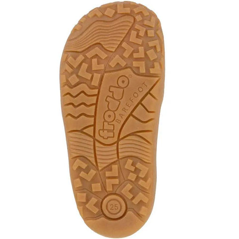 Unteransicht der FRODDO Schuhsohle; braune Gummi-Sohle mit Profilmuster und Froddo Barefoot Logo