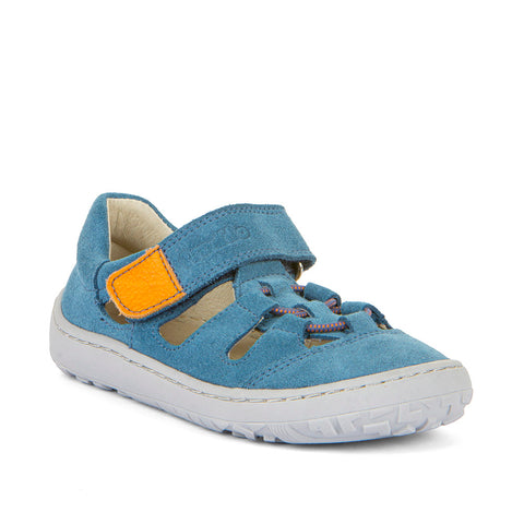  Kinder halbhohe Sandale in blauem Jeans mit orangefarbenen Akzenten 