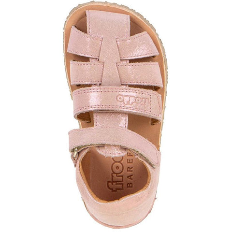 Ansicht von oben: FRODDO Barfußschuh Halbsandale, rosé-glitzerndes Obermaterial, drei Klettbänder mit Logo.
