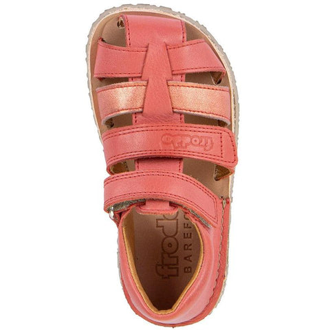 Schuhe FRODDO Barfußschuh Halbsandale, koralle – Ansicht von oben, drei Klettverschlüsse, Logo sichtbar.