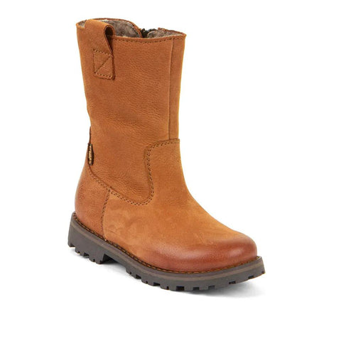 Seitenansicht des FRODDO TEX Stiefel G3160225-7 in cognac; Lederoberteil, grobe Gummisohle, sichtbares Fellfutter am Rand.