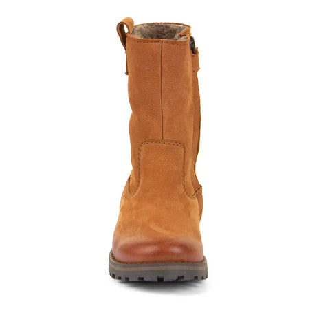 Vorderansicht des FRODDO TEX Stiefels, cognacfarbenes Leder mit Fellinnenfutter, grobe Profilsohle.