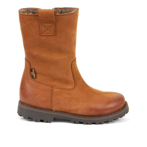Seitenansicht des FRODDO Stiefel Modell G3160225-7 cognac aus Leder mit grober Gummisohle.
