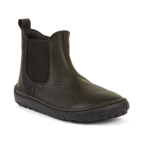 Seitliche Ansicht: FRODDO TEX Stiefel G3160245-4 schwarz, Leder mit Elastikeinsatz, Zuglasche, grobe Profilsohle.