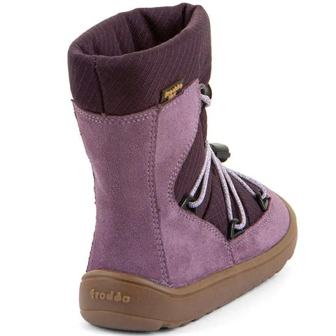 Seitenansicht des lilafarbenen FRODDO TEX Barfuß-Stiefel mit brauner Sohle und Logo am Absatz