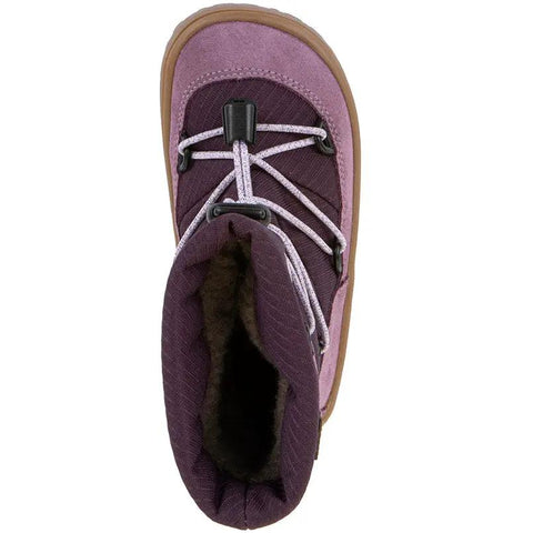 Ansicht von oben: FRODDO TEX Barfuß Stiefel G3160251-17 in lila/flieder; weiße Schnürung, braune Sohle, Innenfutter sichtbar.