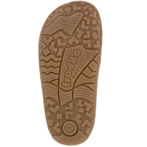 Unteransicht des FRODDO TEX Barfuß Stiefel Modell G3160251-17 in lila; braune Gummi-Sohle mit Logo und Profilmuster