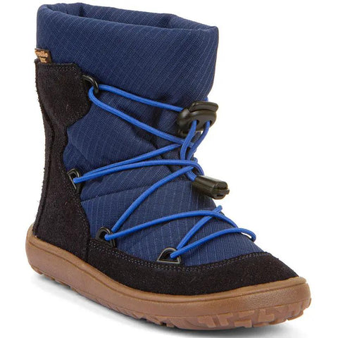 Seitenansicht: FRODDO TEX Barfuß-Stiefel für Kinder, blau, blaue Schnürung, braune Sohle.