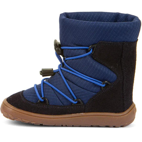 Seitenansicht: FRODDO TEX Barfuß-Stiefel Blau/Schwarz, blaues Obermaterial mit schwarzer Verstärkung, braune Sohle