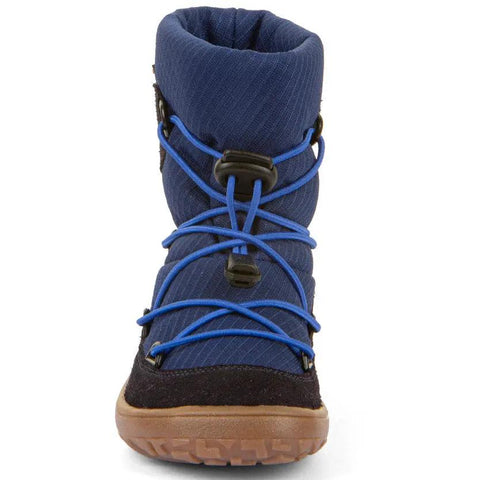 Vorderansicht FRODDO TEX Barfuß Stiefel G3160251, blau/schwarz, blaues Obermaterial, Schnürung, braune Sohle.