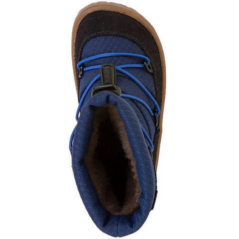 Ansicht von oben: FRODDO TEX Barfuß Stiefel G3160251 – Blau/Schwarz, blauer Oberstoff, blaue Schnüre, braune Sohle.
