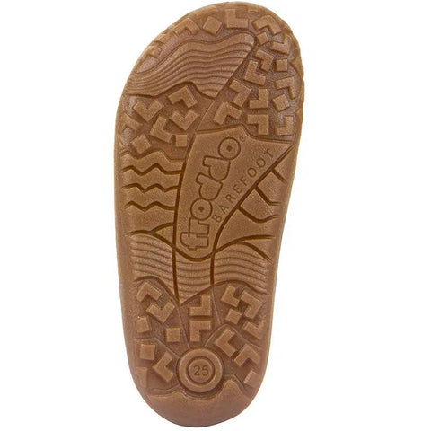 Unterseite der FRODDO TEX Barfuß Stiefel G3160251 – braune Sohle, Markenlogo sichtbar
