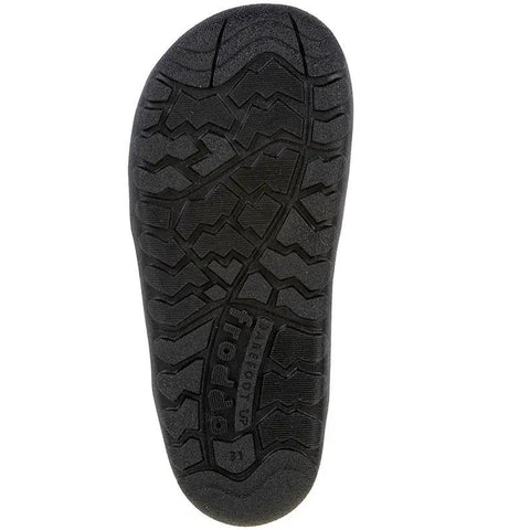 FRODDO TEX Barfuß Stiefel G3160261 – Detailaufnahme der schwarzen Sohle mit Profilmuster und Markenlogo.